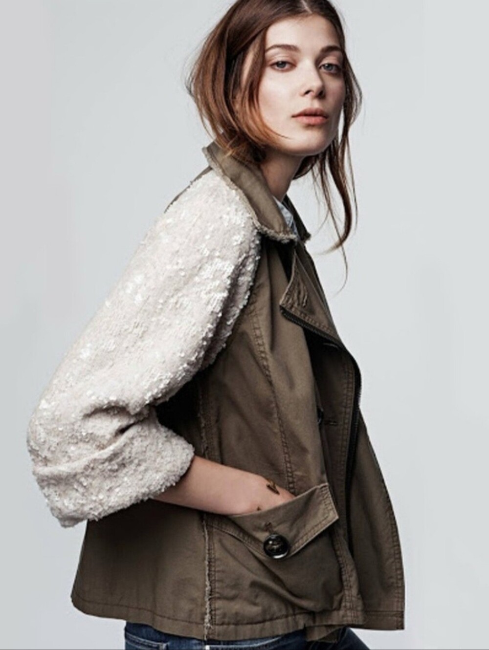Anthropologie Hei Hei Shimmer Sequin Sleeve Anorak Military Jacket Small
